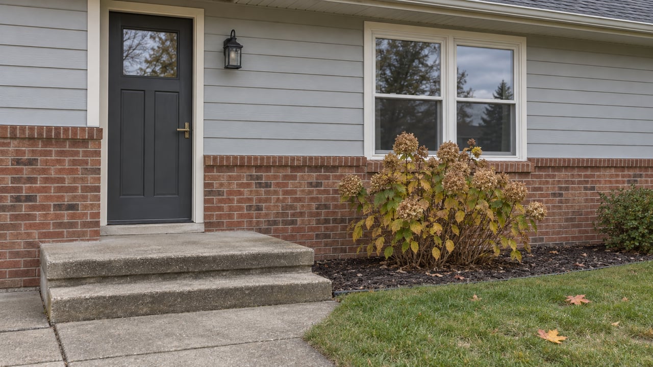 A modest home's closed charcoal front door, gray siding and brick base beside a window, with worn concrete steps and autumn hydrangea.