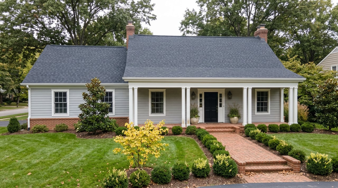 Two-story gray suburban home with a white-columned portico, brick walkway, and yellow-leaved tree.