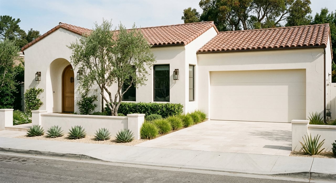 Off-white stucco Spanish-style home with a terracotta tile roof, arched entry, garage, and drought-tolerant landscaping.