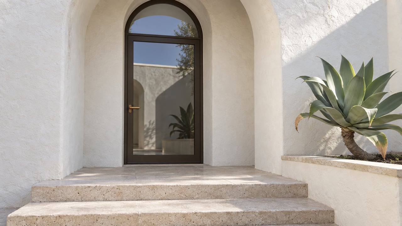 Sunlit white stucco arch around a bronze-framed glass entry door, with worn limestone steps and one sculptural agave.