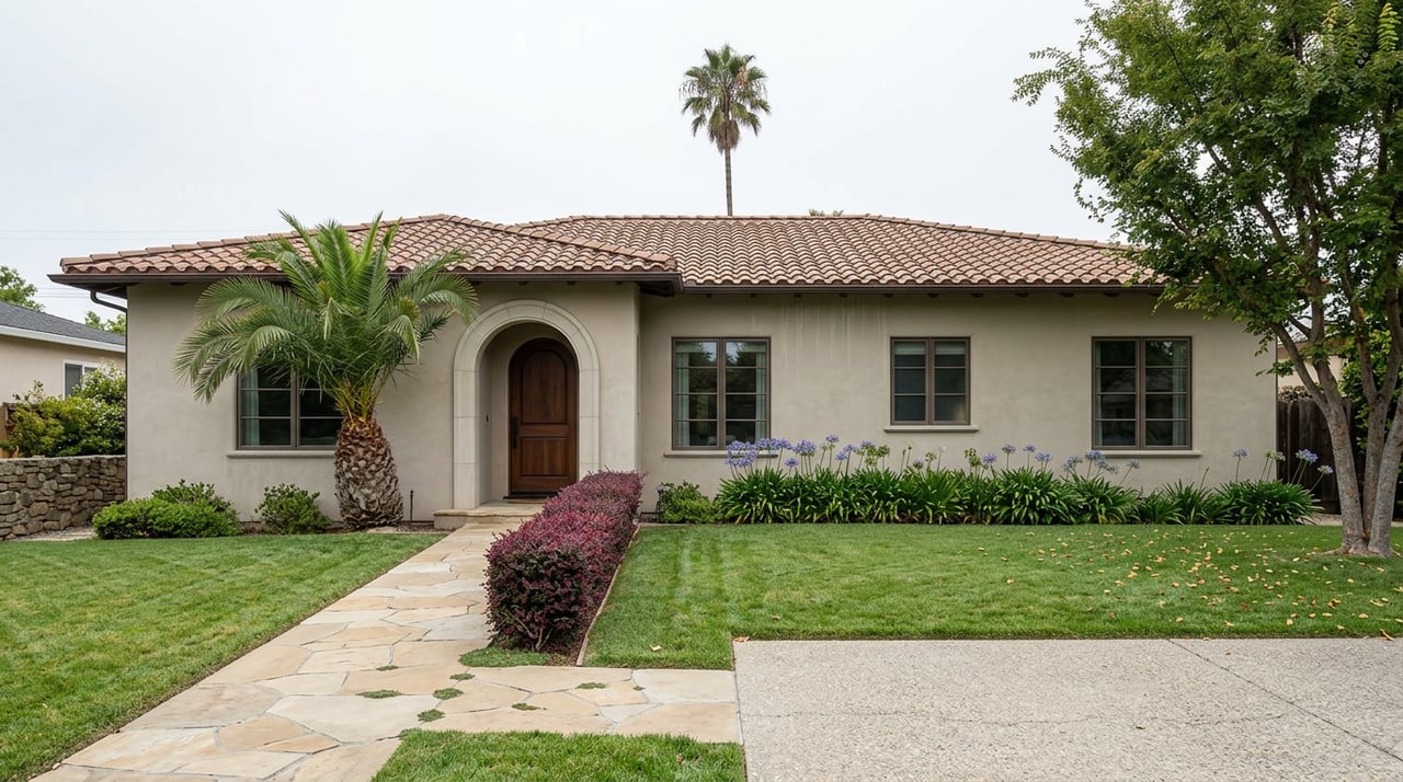 Mid-century ranch house with an arched entry, clay tile roof, palm, and flagstone walkway across a deep lawn.