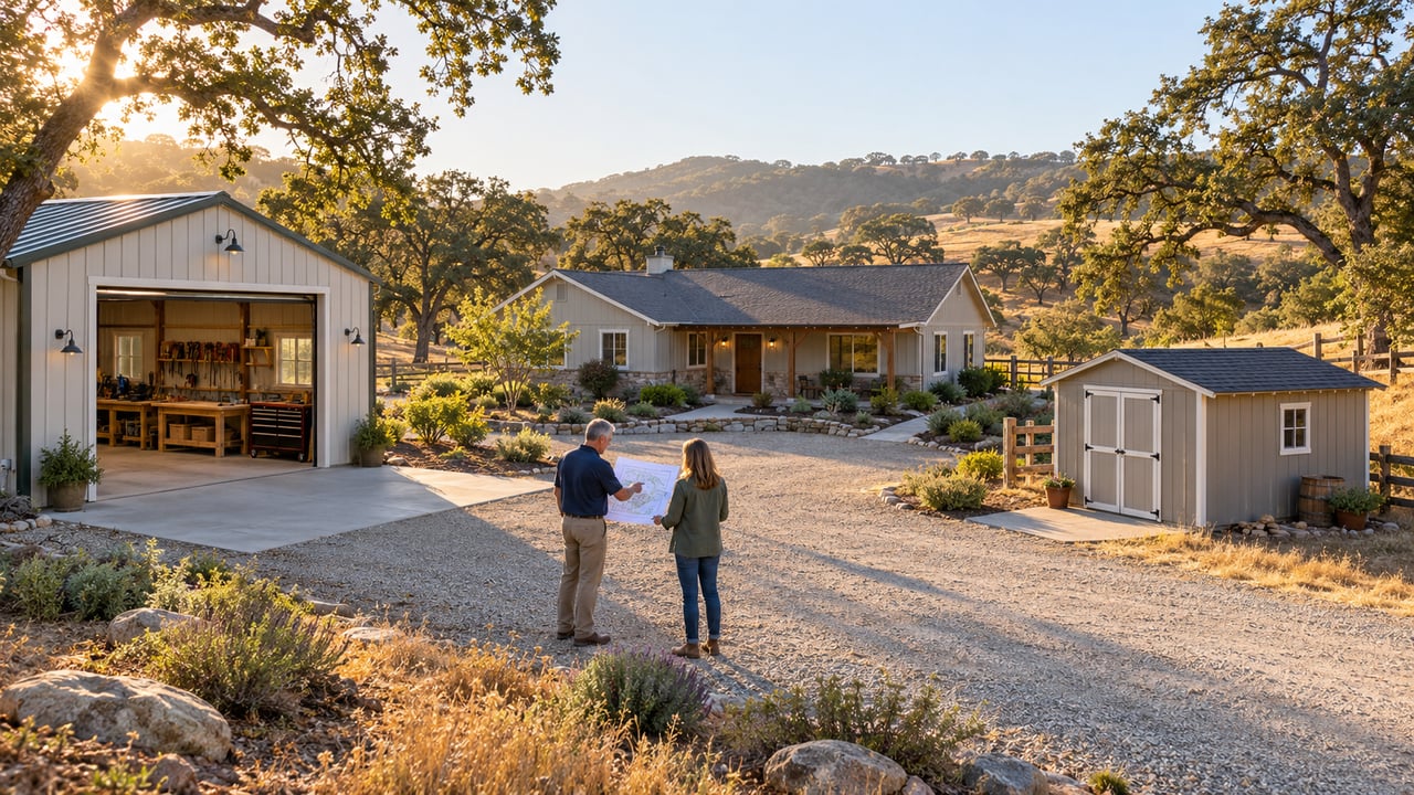 Rural ranch home with an open workshop and detached shed, framed by oak trees and rolling hills.
