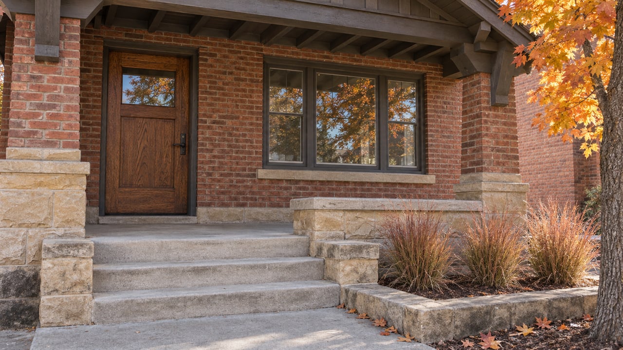 Autumn light on a brick home's sheltered oak entry, sandstone stair walls, and amber maple beside the approach.
