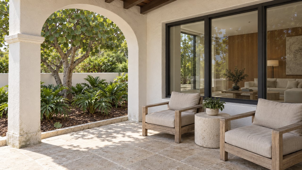 White stucco terrace with weathered clay roof tiles, teak lounge chairs and sea-grape planting beside a glazed living room.