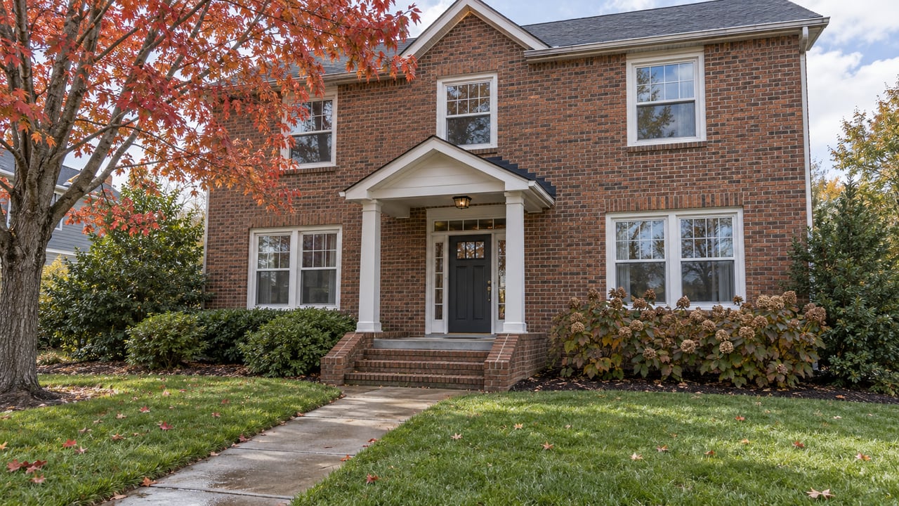 A red-brown brick house with a gabled front porch, broad lawn, concrete approach and autumn maple foliage.