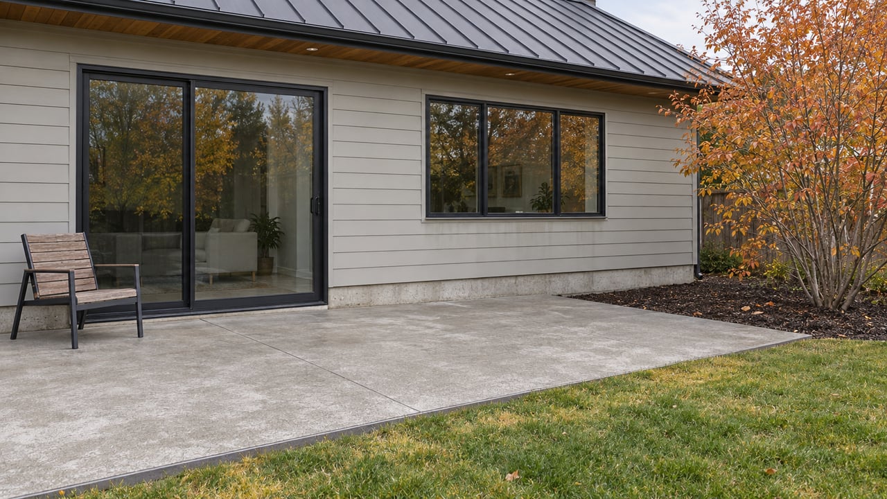 Contemporary gabled home with gray siding, closed black-framed patio doors, a concrete terrace and an autumn serviceberry beside the lawn.