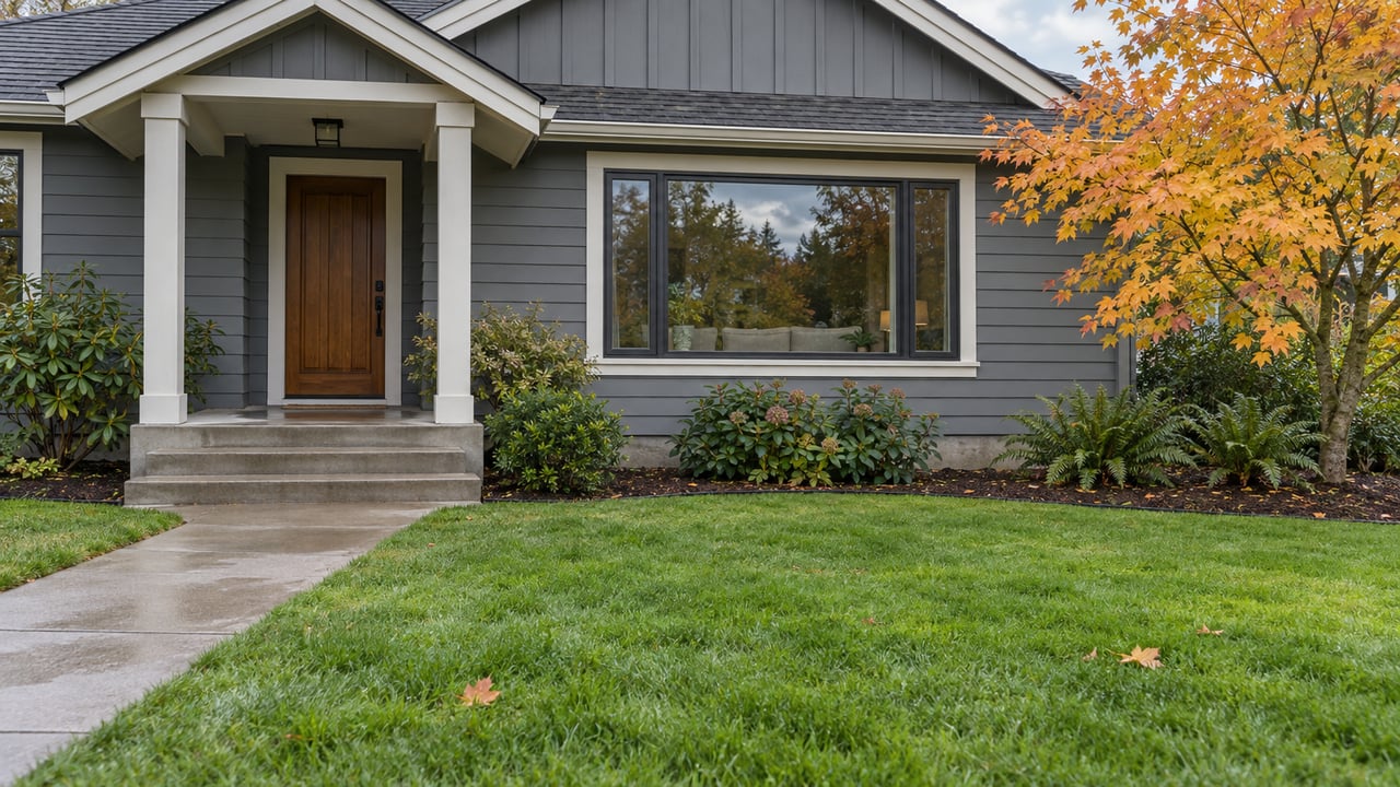 Gray gabled house with a sheltered fir entry, damp concrete approach, deep green lawn and an autumn vine maple.