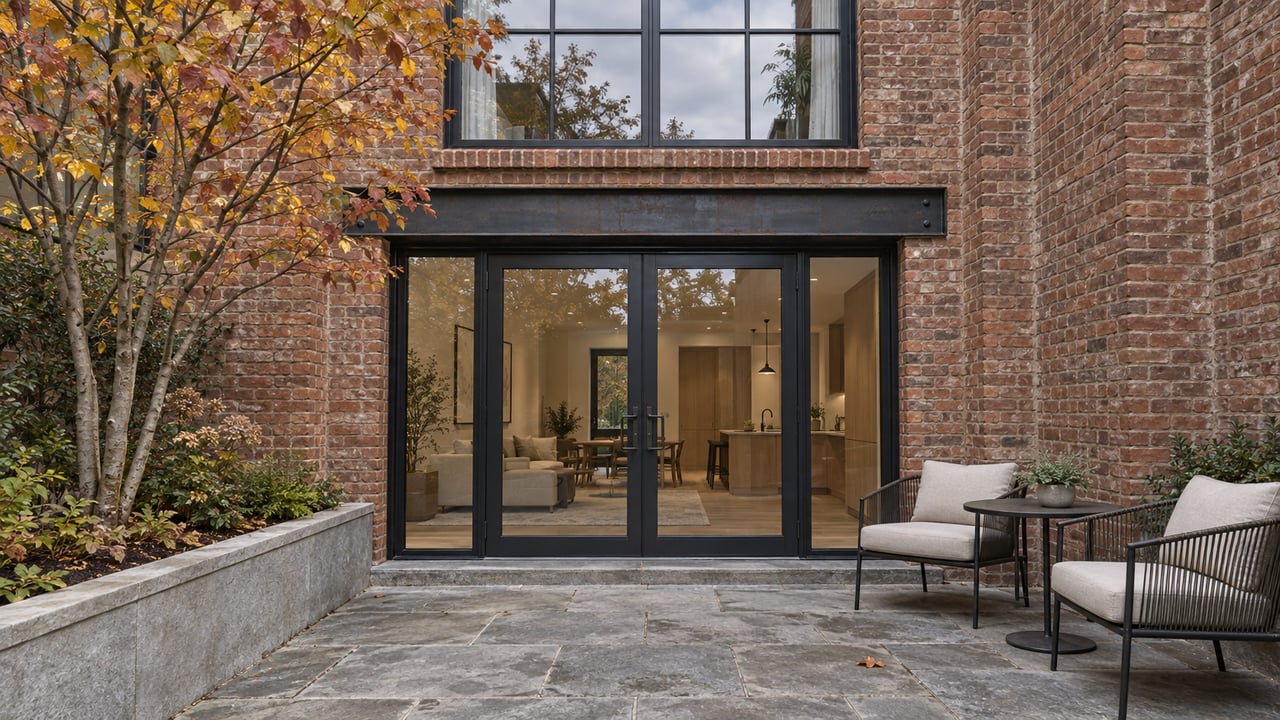 Brick loft residence with tall dark-framed windows, glazed terrace doors, limestone paving and an autumn serviceberry beside two outdoor chairs.