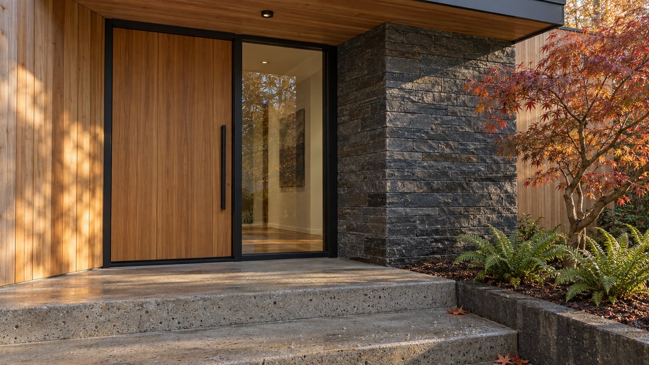 Cedar entry door beneath a low canopy, beside a basalt pier and copper-red maple, with damp concrete steps.