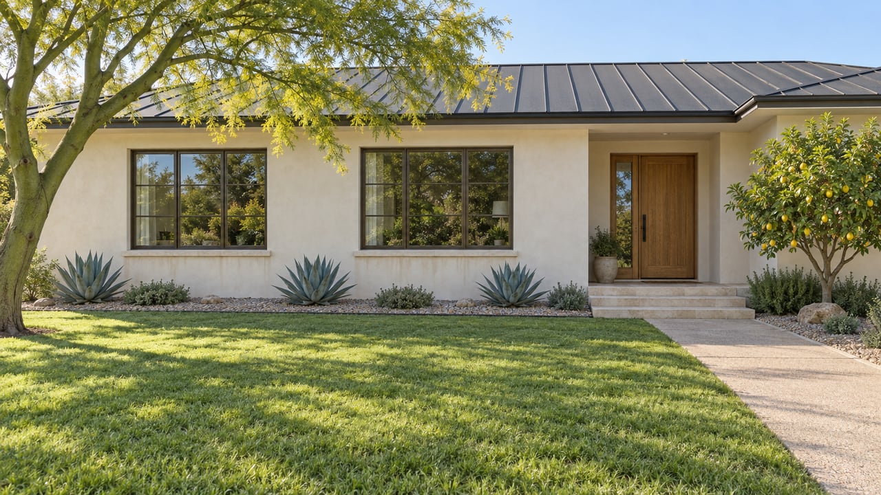 Low ivory-stucco home behind a deep lawn, with dark-framed windows, a shaded oak entry and a spreading green-trunk tree.