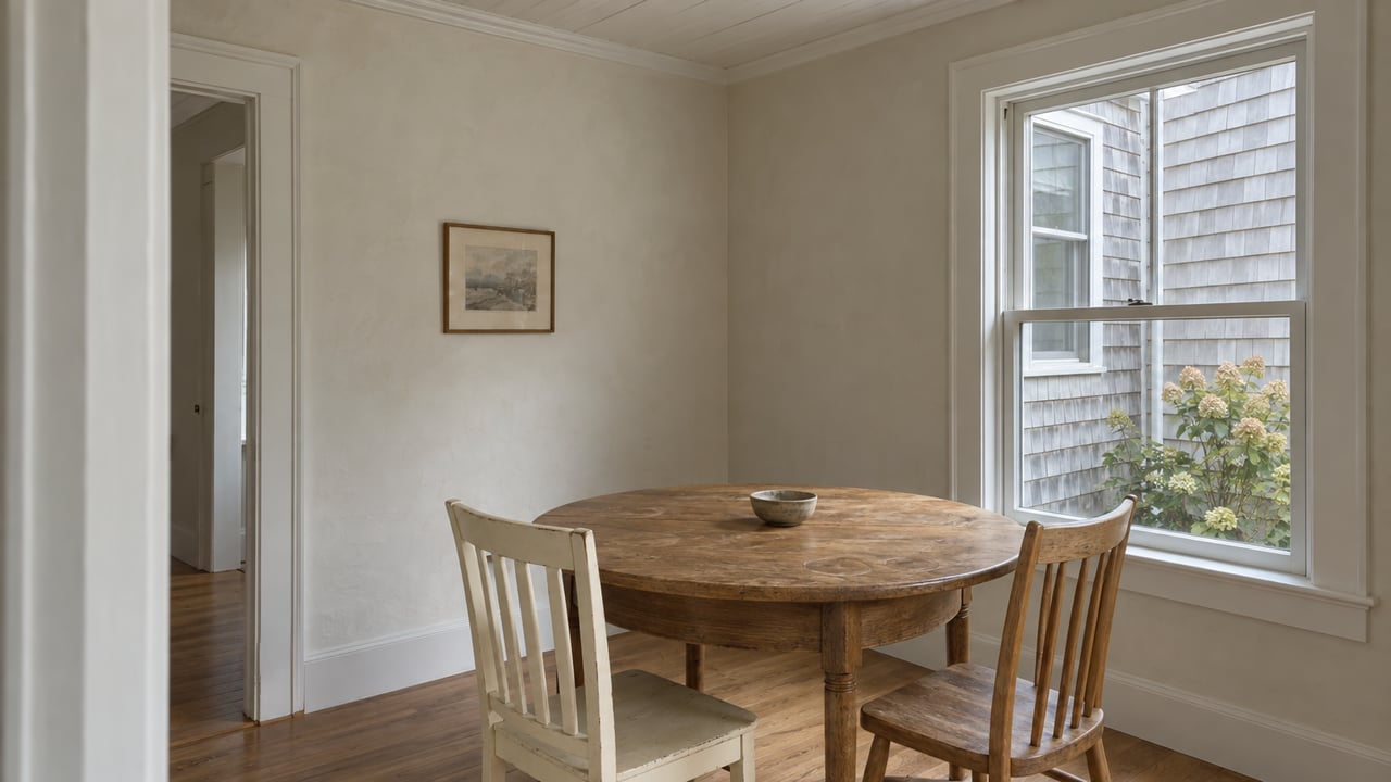 Oak dining table between two mismatched chairs, beside a sash window overlooking a narrow planted yard.