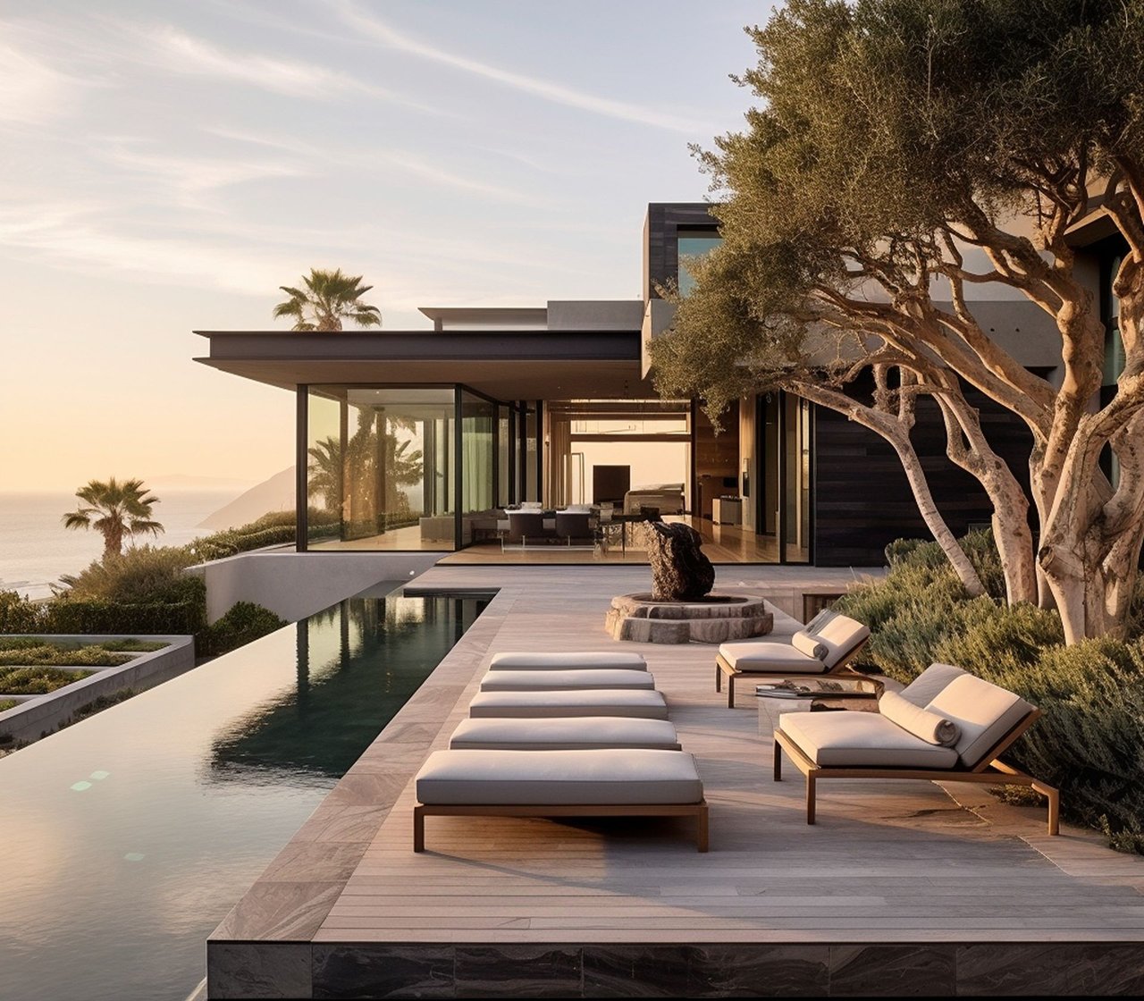 Modern coastal home with an ocean-view terrace, reflecting pool, and cushioned loungers at golden hour.