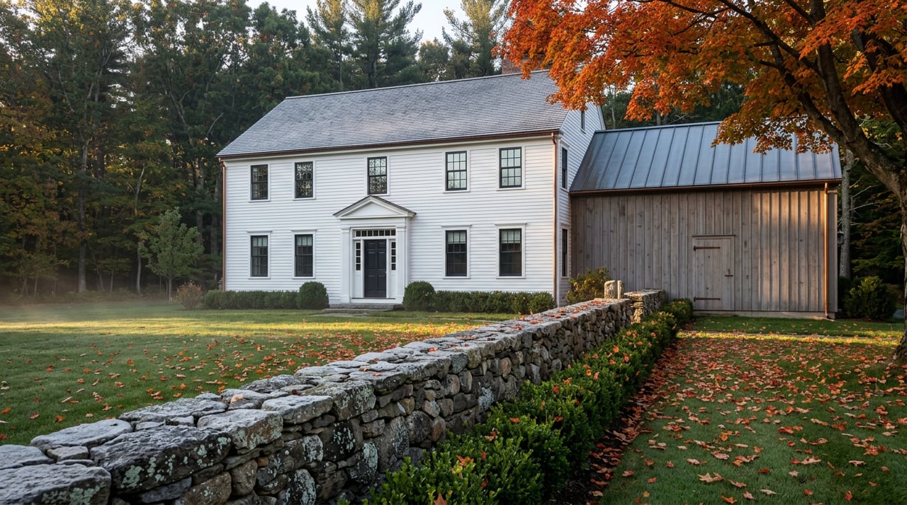 White clapboard country house with a weathered barn wing, beyond a stone wall and lawn beneath an autumn maple.