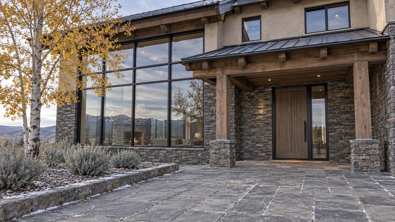 Stone and timber home with black-framed windows, a sheltered oak entrance, golden aspen and light snow along a broad stone approach.