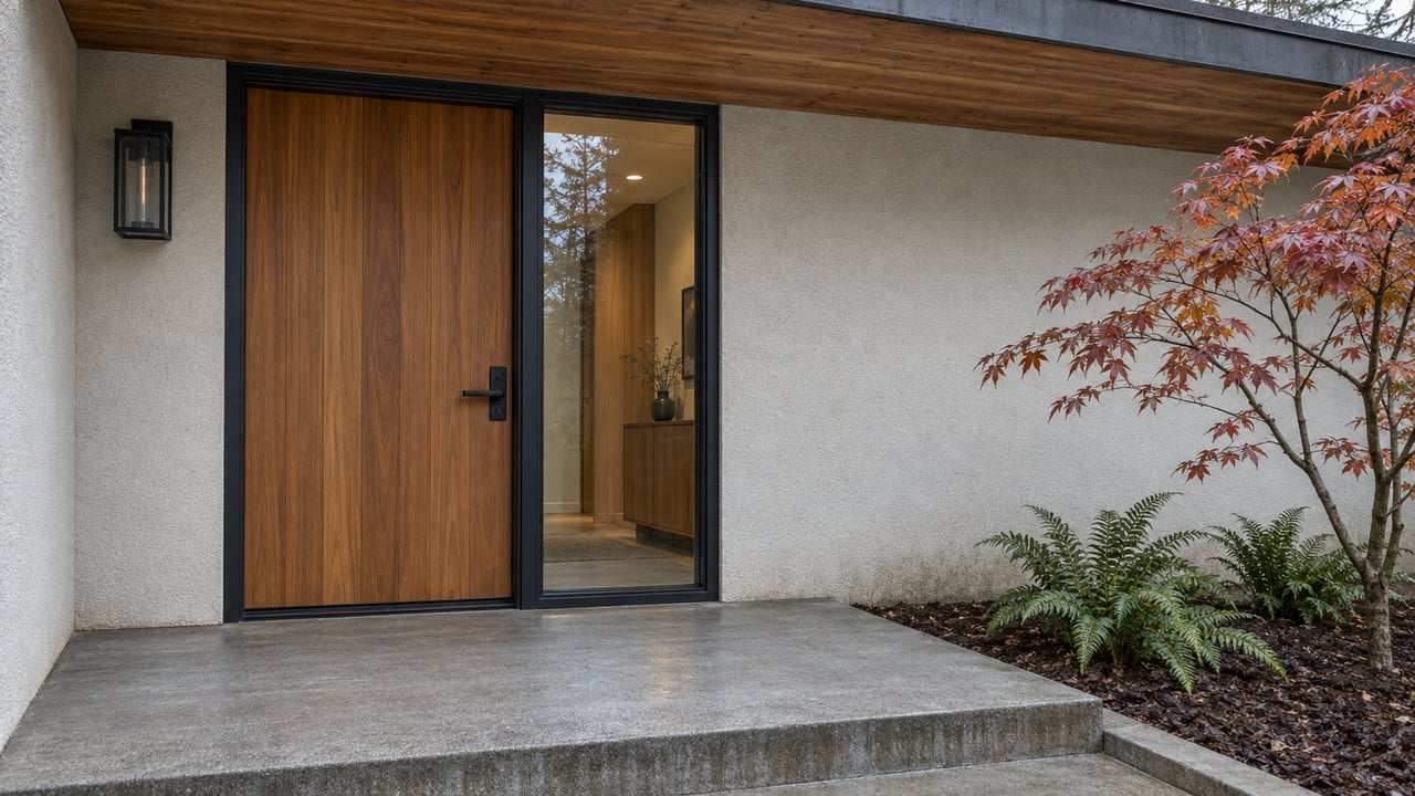 Modern home entrance with a tall wood door, glass sidelight, and autumn plants beside the porch.