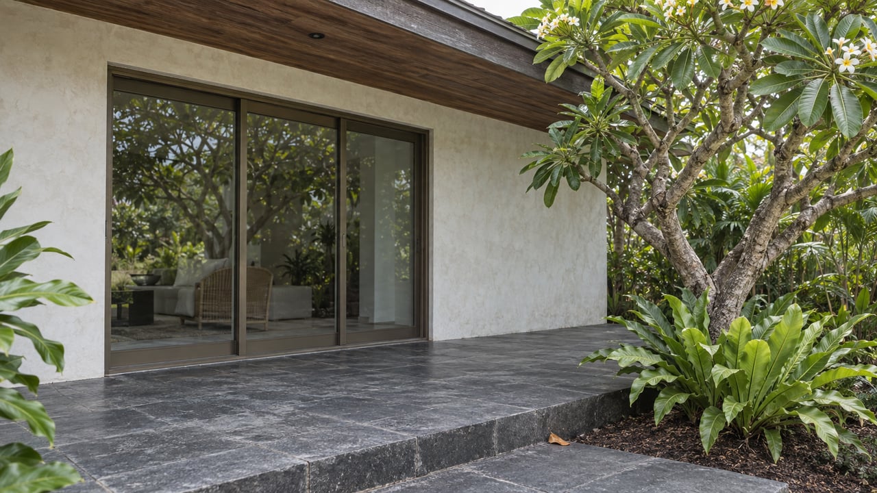 Coastal house with a closed glass slider, stone lanai, and plumeria tree beside two bird’s-nest ferns.