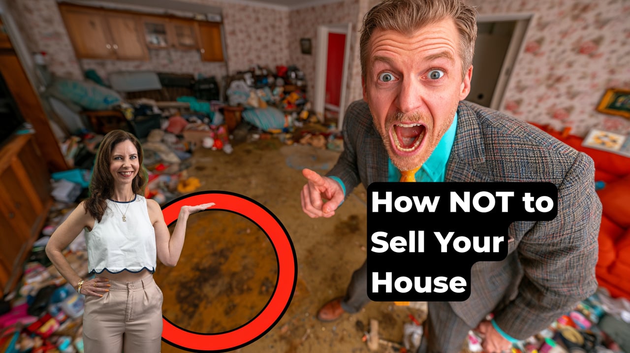 How NOT to Sell Your House, featuring two real estate agents in a cluttered living room.