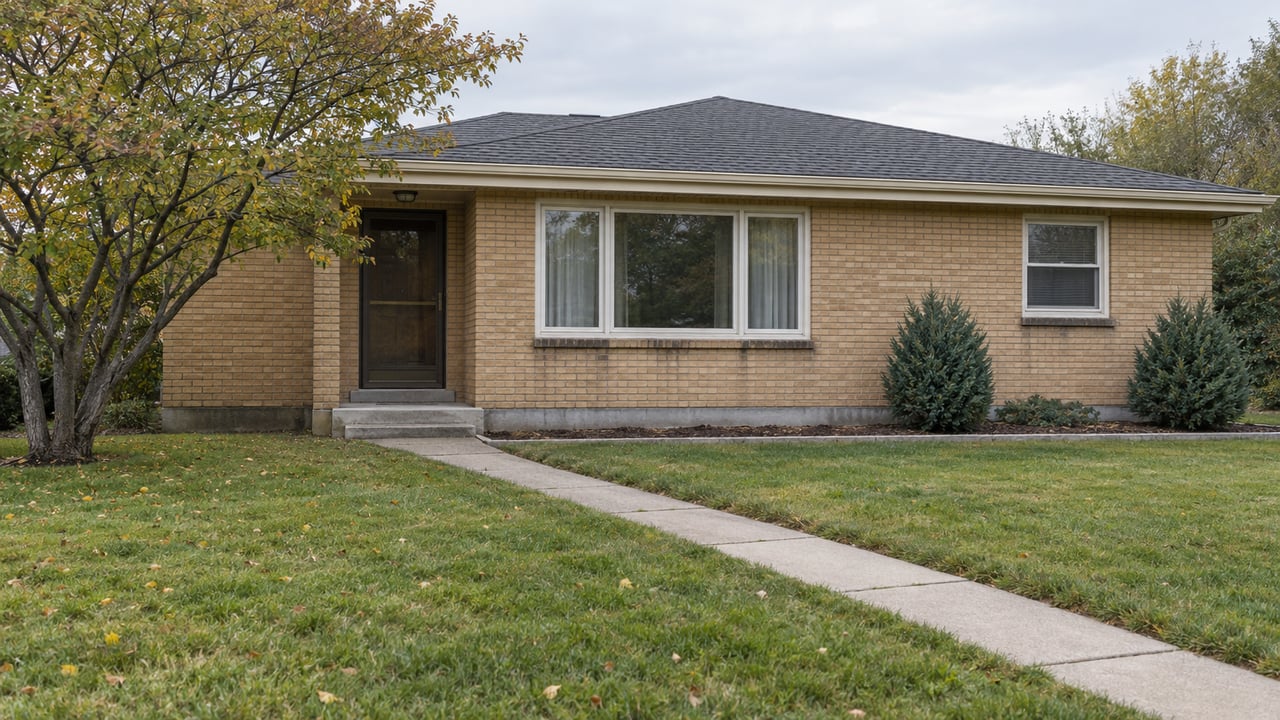 Older single-story buff-brick house with a recessed entry, broad lawn, diagonal concrete walk, and two foundation shrubs.