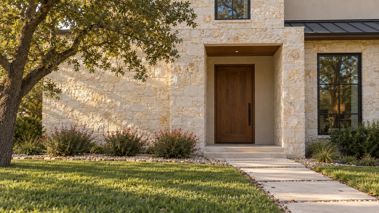 Stone entry bay with an oak door, tall window, lawn, limestone walk, and twisting oak tree.