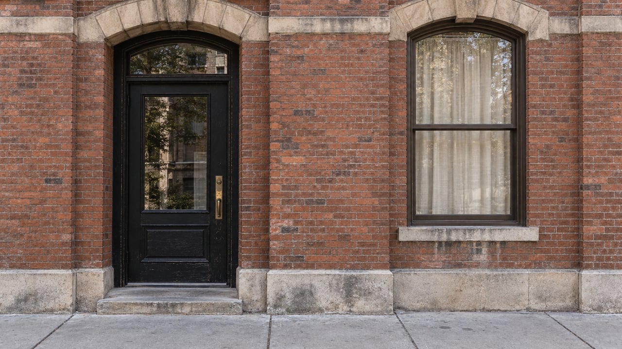 Historic red-brick residential entrance with a glazed black door, limestone arches, and a tall curtained window beside a concrete sidewalk.
