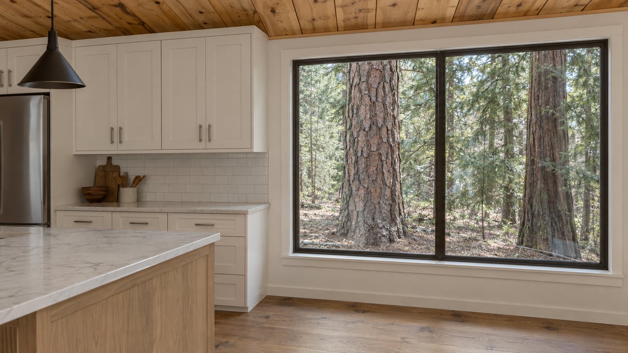 Pale kitchen cabinets and an oak island beside a large window framing two mature tree trunks.