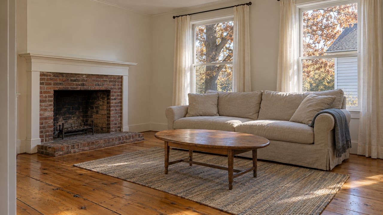 Sunlit living room with pine floors, a brick fireplace, linen seating and tall windows overlooking autumn oak leaves.