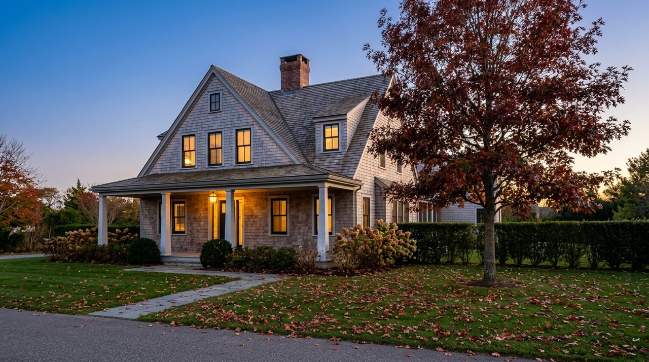 Gray-shingled coastal house with a deep porch, glowing windows, and scarlet autumn tree beneath a blue dusk sky.