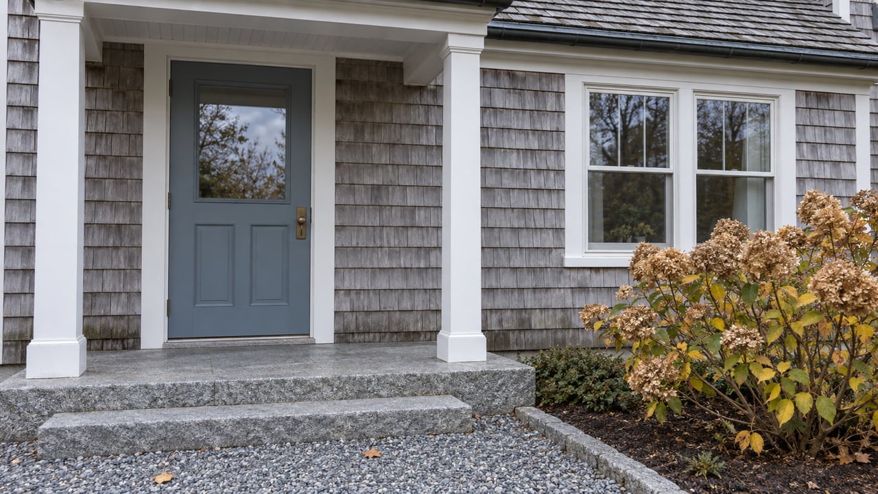Weathered cedar-shingle home with white porch trim, a blue-gray door, granite steps and dried hydrangea blossoms in soft autumn light.