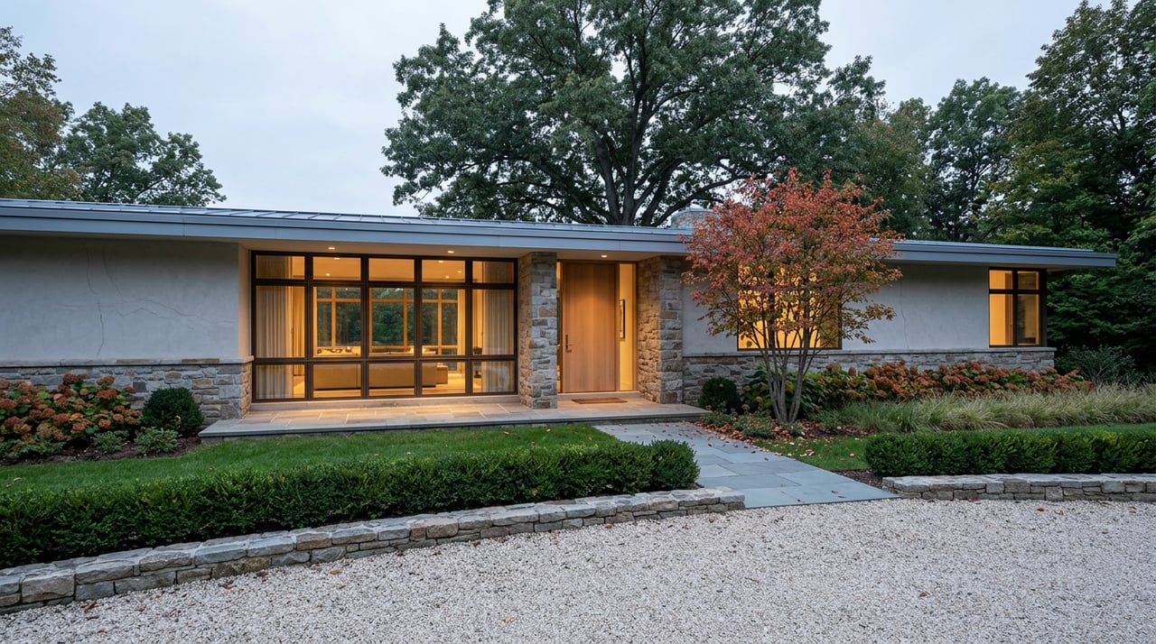 Low stone-and-glass home glowing warmly at dusk, beyond a gravel drive and autumn garden beneath mature trees.