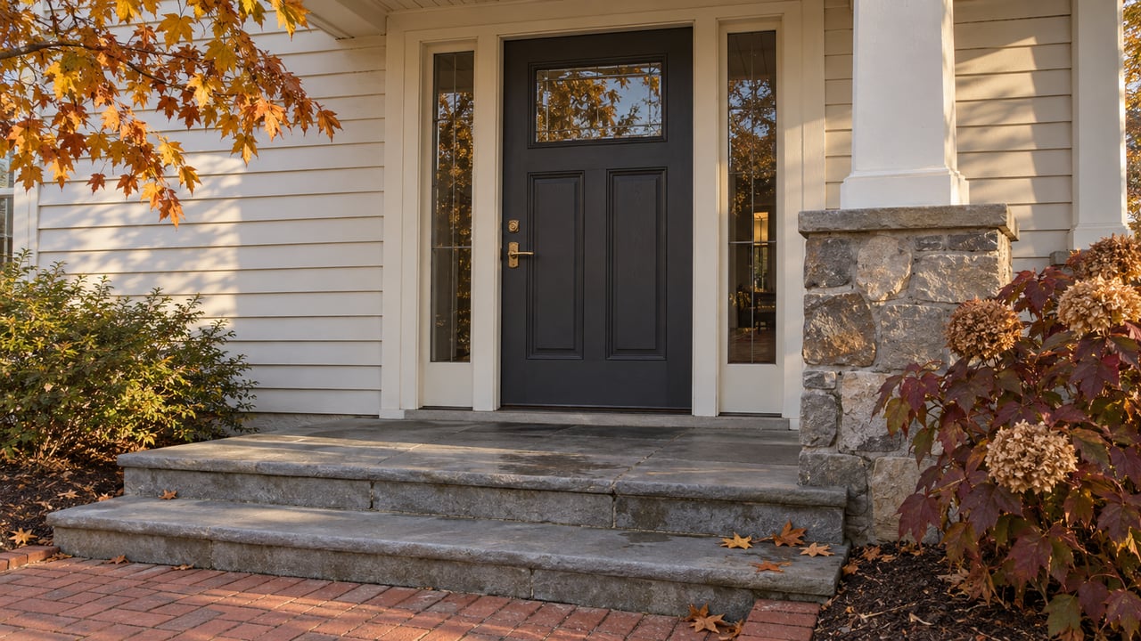 Late-autumn sunlight across a charcoal front door with paired sidelights, weathered bluestone steps and burgundy oakleaf hydrangea.