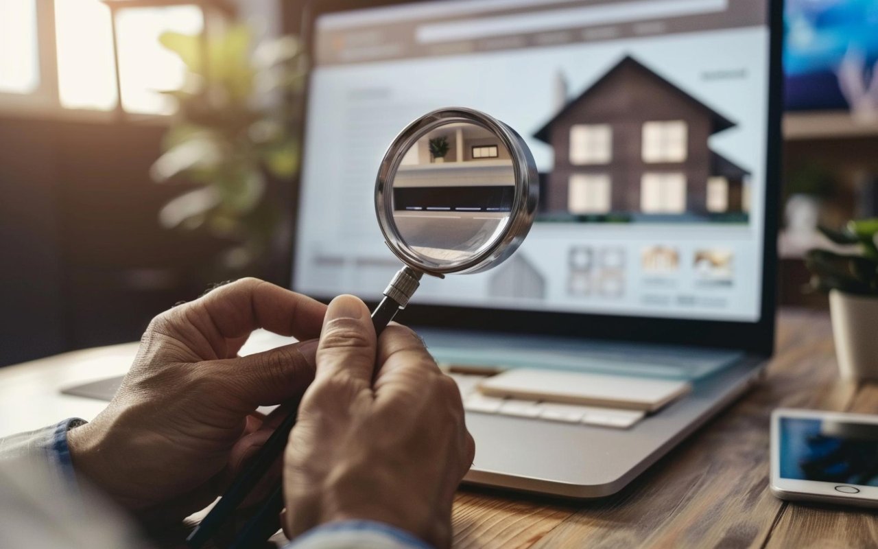 Hands inspect a home listing on a laptop through a magnifying glass.