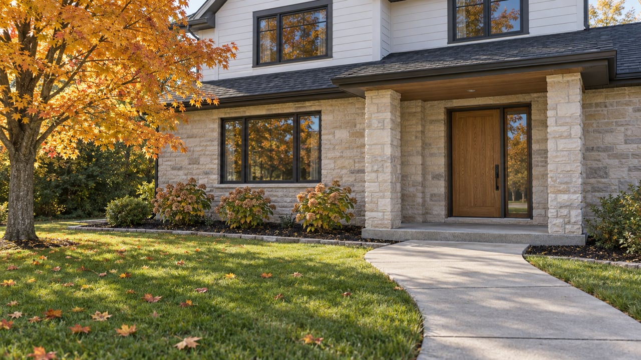 Autumn sunlight on a pale stone and white-sided home, with a golden sugar maple beside a clean front walk.