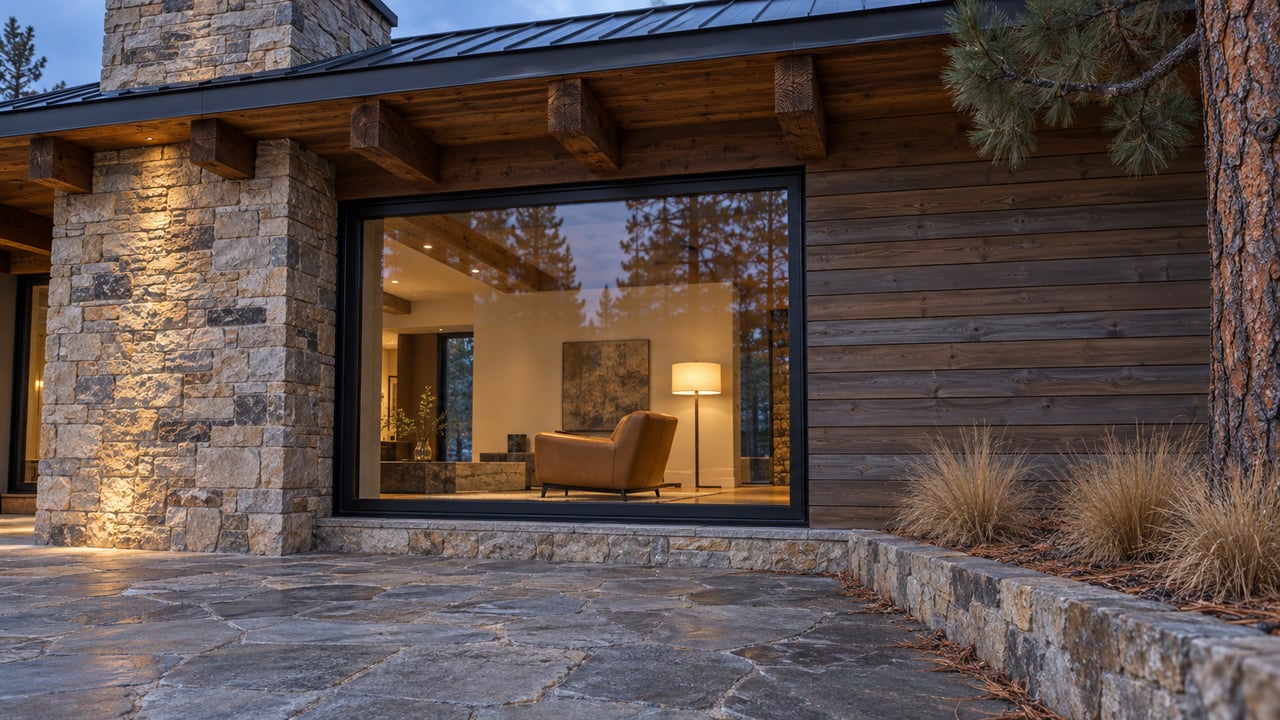 Timber eaves and pale stone frame a warmly lit window above a quartzite terrace at blue hour, with pine bark and dormant grasses at the edge.