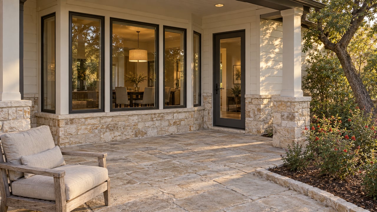 Limestone terrace beside an ivory-sided home, with bronze-framed windows, a weathered wooden chair, and an oak-shaded garden bed.