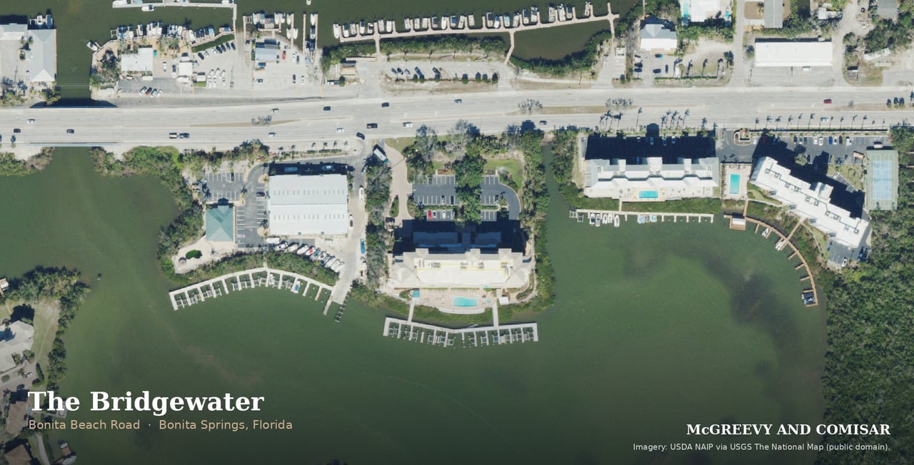 The Bridgewater area at 4975 Bonita Beach Road on Little Hickory Bay, Bonita Springs, Florida, aerial