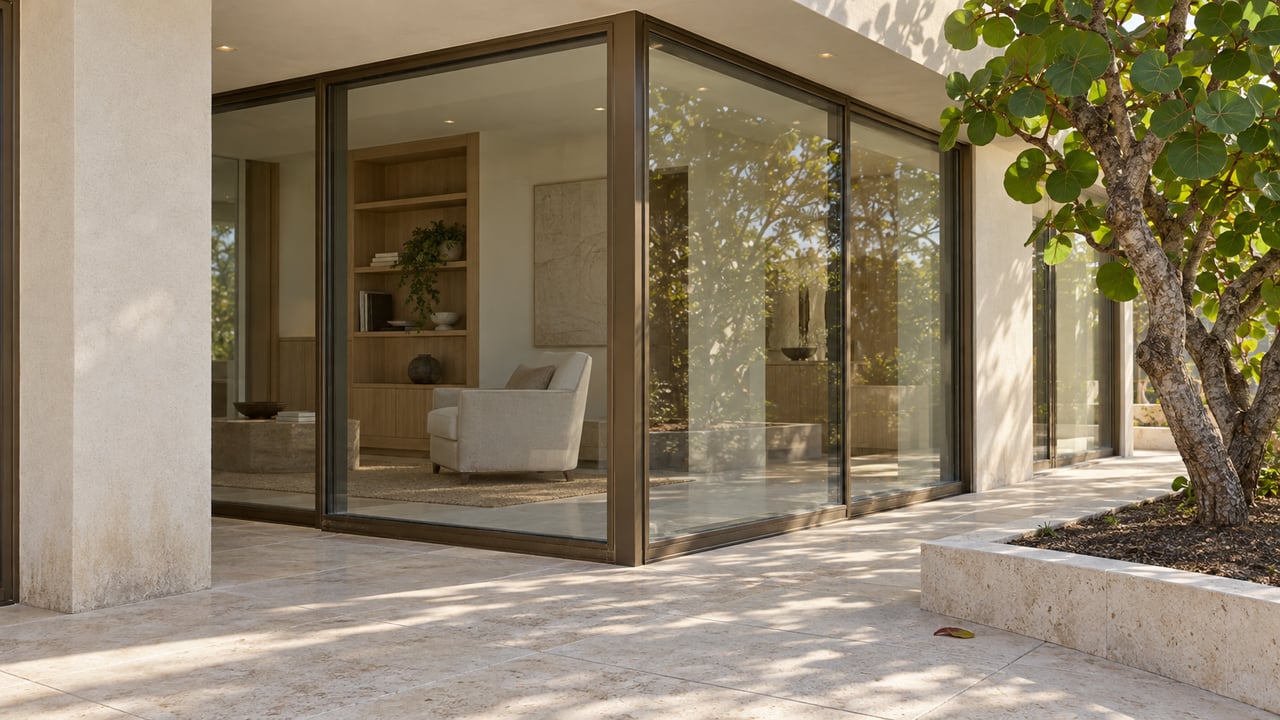 A cream stucco home's bronze-framed glazed corner opens visually onto a limestone terrace beside a sea-grape tree in a raised stone-edged bed.