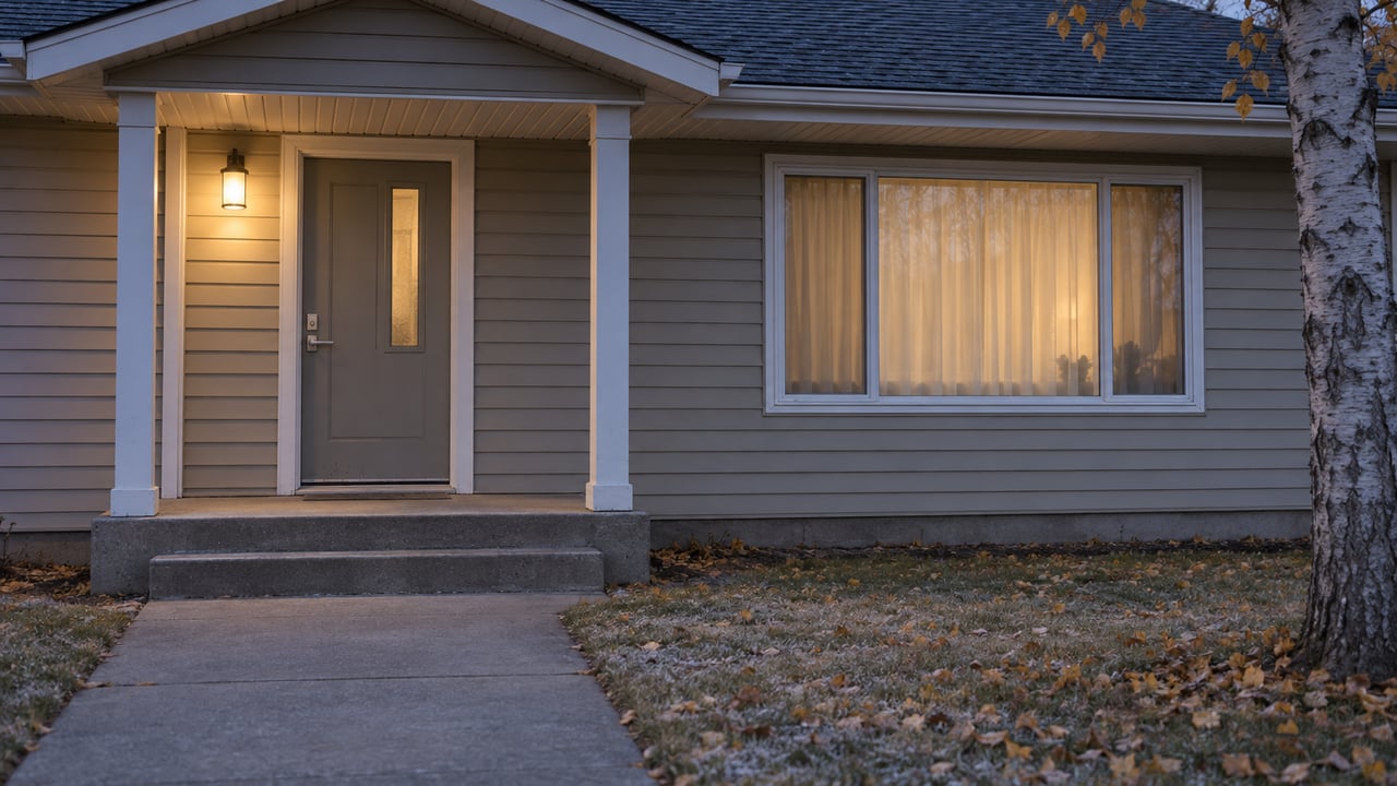 Gray house exterior at dusk with a lit porch lantern, large window, and leaf-strewn lawn.