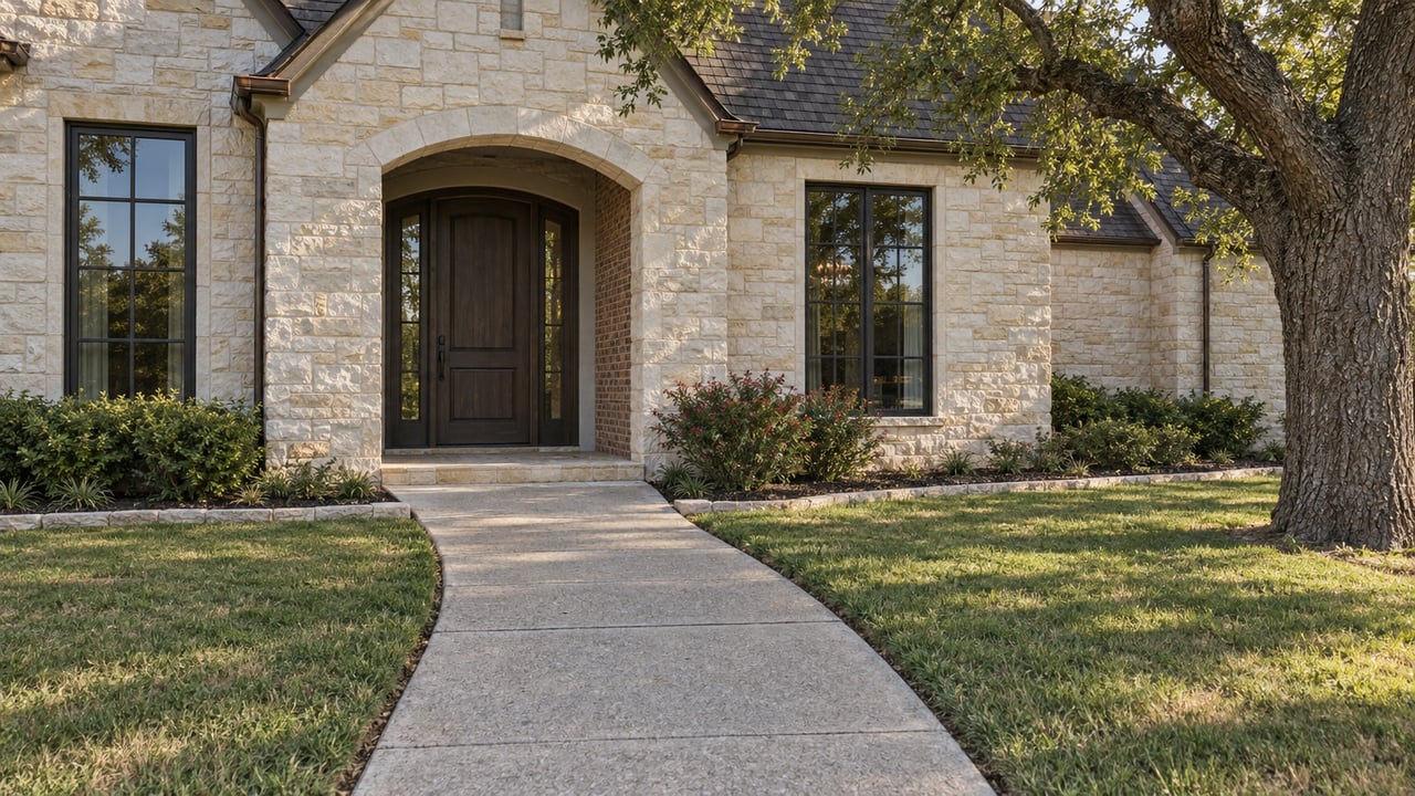 Sunlit limestone and brick home with an arched oak entry, divided-light windows and a concrete walk bordered by lawn and a mature oak.