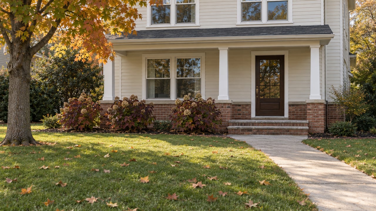Ivory-sided home with a brick porch, broad autumn lawn and a mature maple turning ochre beside the entry.