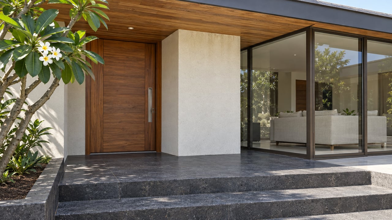 Covered home entry with warm timber soffit, white stucco, bronze-framed glazing and dark stone steps beside a flowering plumeria.