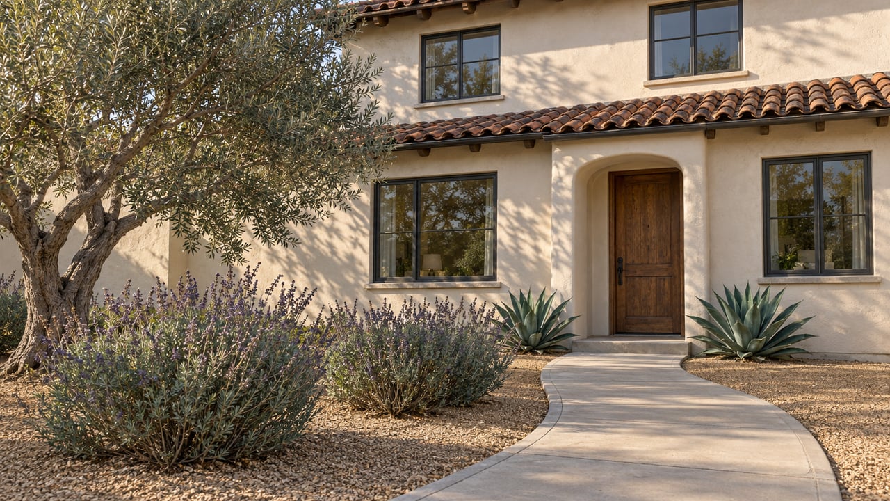 Cream stucco two-story home with clay roof tiles, a recessed oak entry, and a concrete garden walk beside an olive tree, Cleveland sage, and foxtail agaves.