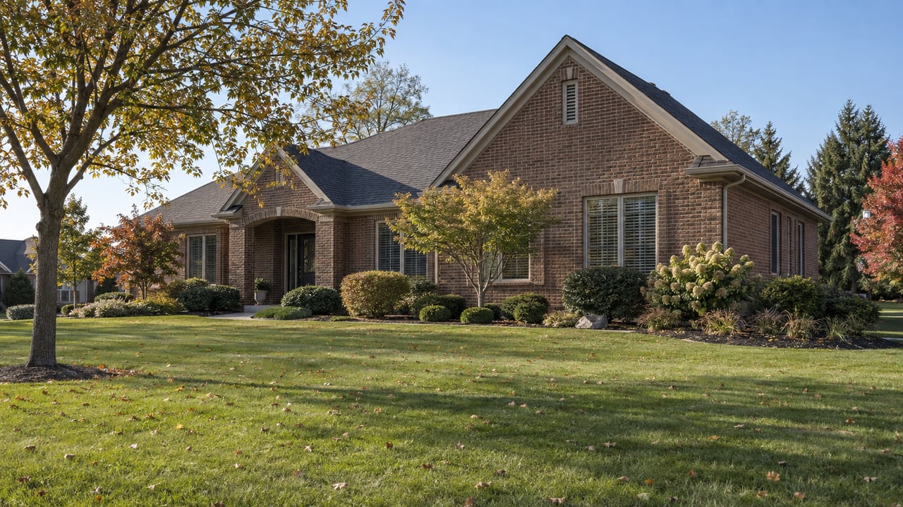 Red-brown brick house with a broad gable, dark roof, oak tree, and deep lawn.