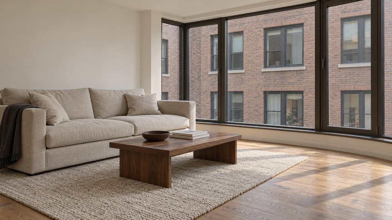 Sunlit condominium living room with oak floors, a linen sofa, walnut table and bronze-framed windows facing a brick residential facade.