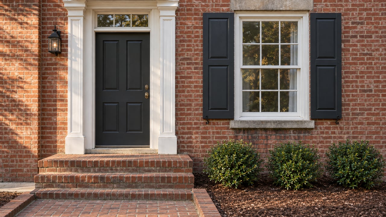 Sunlit red-brick home entrance with white classical trim, a charcoal door, matching window shutters, and worn brick steps.