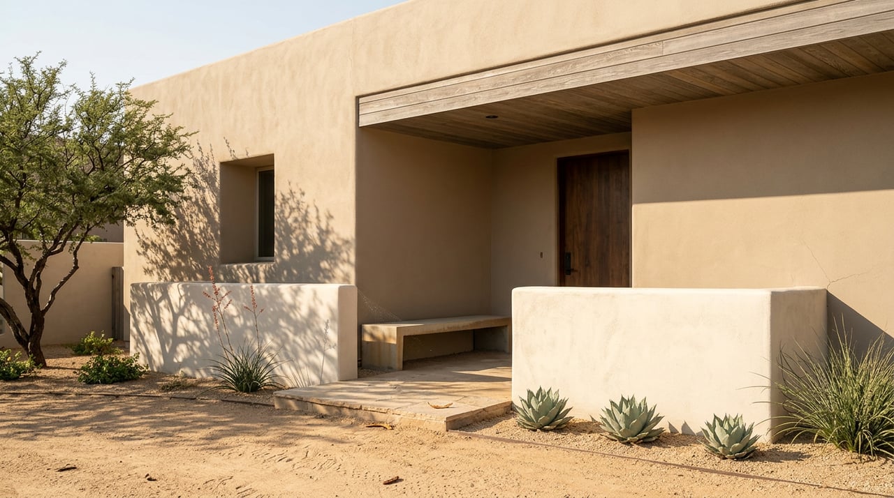 Desert-modern entry alcove with a concrete bench, walnut door, and sculptural tree canopy.