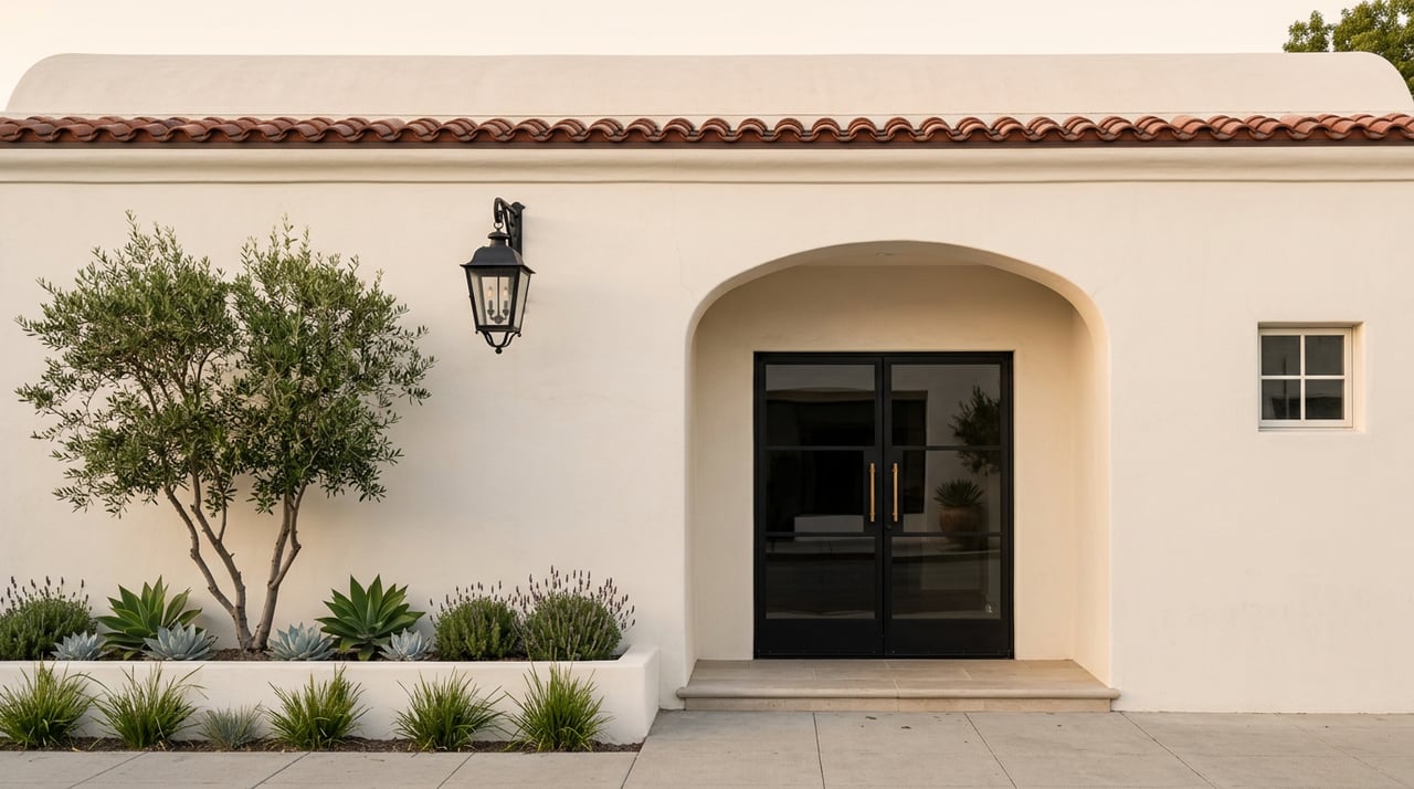 Spanish Colonial storefront with arched steel-and-glass doors, terracotta roof tiles, and an olive tree in a stucco planter.