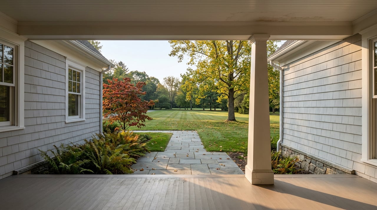 Porch threshold overlooking a deep lawn, with a bluestone path and autumn trees in the distance.