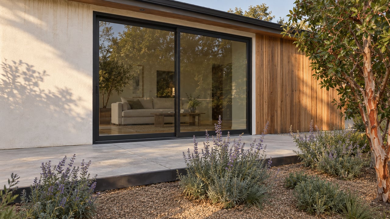 Compact house with a black sliding glass door, cedar siding, and a concrete terrace bordered by plantings.