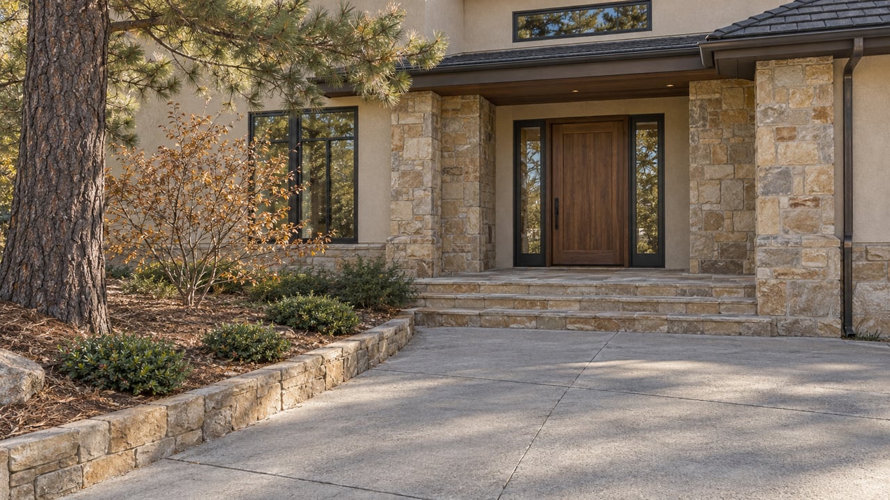 Elevated view across a concrete approach toward a sandstone and oatmeal-stucco entrance, with a mature pine and copper-leaved serviceberry.