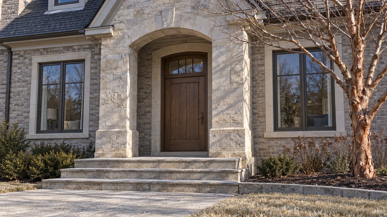 Winter morning light across a limestone arched entry, oak door, broad stone steps and a bare paperbark maple.
